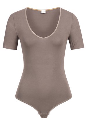Kurzarmpbody in Taupe mit tiefem V-Ausschnitt und beigem Besatz. Hergestellt aus weichem, dehnbarem Stoff. Figurbetonter Schnitt mit Druckknopfverschluss.