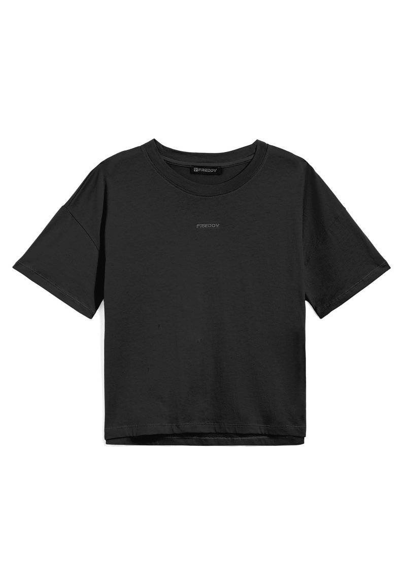 T-shirt in cotone nero con vestibilità rilassata, maniche corte, collo girocollo e logo "FREDDY" discreto sul davanti. Tessuto liscio, senza fantasie.