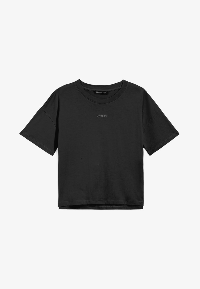 T-shirt in cotone nero con vestibilità rilassata, maniche corte, collo girocollo e logo "FREDDY" discreto sul davanti. Tessuto liscio, senza fantasie.