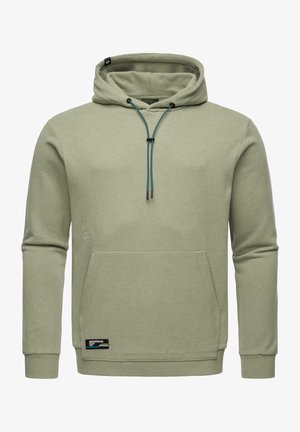 Helle grüne Kapuzenjacke aus weichem Material, mit einer Fronttasche, verstellbaren blauen Kordeln und einem Etikett am Saum. Glatte Textur.