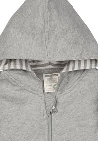 Felpa con cappuccio in cotone organico grigio, con zip frontale, caratterizzata da una fodera a righe all'interno del cappuccio e un'etichetta per la cura del tessuto visibile.