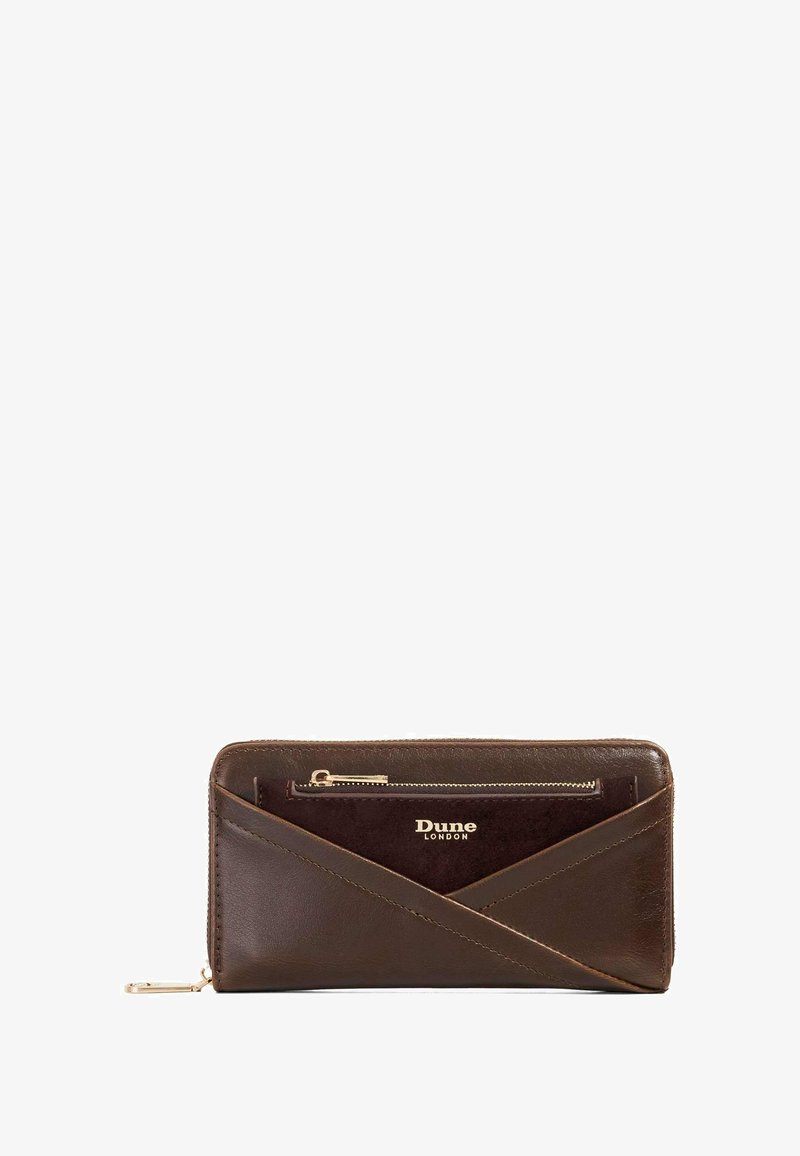 Brown leather wallet with a textured design, featuring a zippered pocket and a gold-tone brand logo. Rectangular shape with diagonal accents.