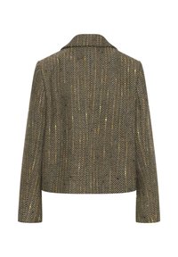 Hahnentrittmuster-Blazer aus strukturiertem braunem Stoff mit mehrfarbigen Fäden. Verfügt über einen Reverskragen und gekürzte Ärmel.