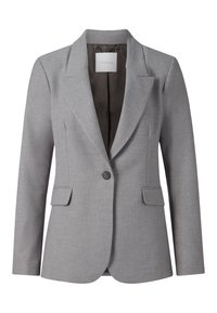 Grauer Blazer mit Reverskragen, zwei vorderen Taschen, einer Knopfschließe und glatter Textur. Gefüttertes Innenfutter aus dunklem Stoff.