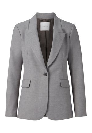 Grauer Blazer mit Reverskragen, zwei vorderen Taschen, einer Knopfschließe und glatter Textur. Gefüttertes Innenfutter aus dunklem Stoff.