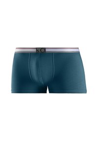 Dark teal boxer briefs made from smooth fabric with a fitted design, featuring a contrasting striped waistband and logo tag.