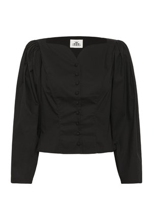 Bluză neagră scurtă din bumbac, cu decolteu pătrat, mâneci lungi tip bufantă și o țară de șase butoane pe față.