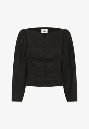 Fekete puffujjú blúz négyzet alakú nyakkivágással, gombos elülső résszel és strukturált fazonnal. Könnyű anyagból készült.