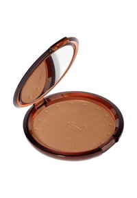Kompakter Bronzer mit einem glänzenden braunen Gehäuse und integriertem Spiegel. Das Puder weist ein Sonnenstrahl-Design auf und hat einen hellbraunen Farbton.
