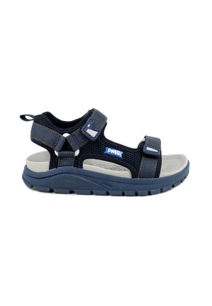 Sandalo blu navy con parte superiore in rete, cinturini regolabili, suola imbottita grigia e suola in gomma testurizzata. Presenta un logo sul lato.