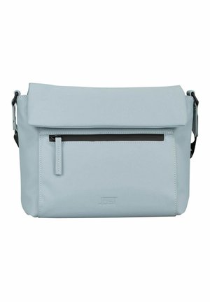 Sac bandoulière bleu clair avec poche zippée à l'avant, fermeture à rabat et sangle réglable, fabriqué en matériau lisse.