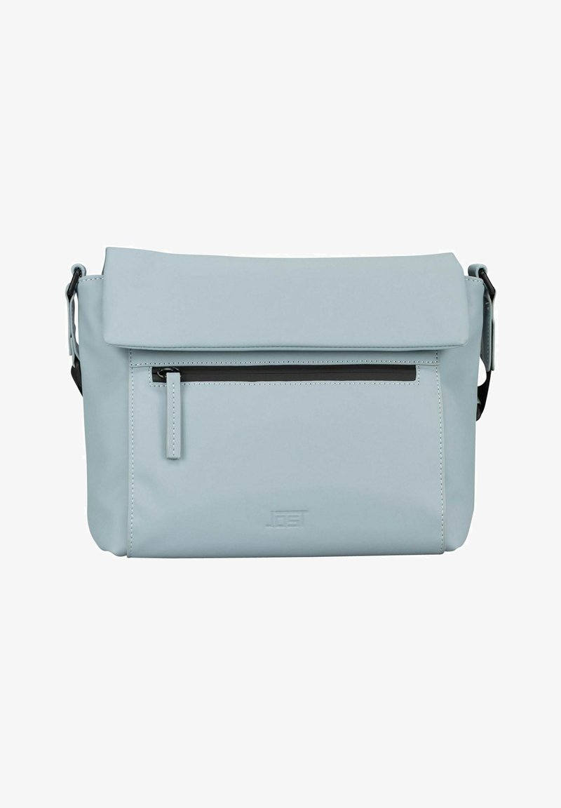 Sac bandoulière bleu clair avec poche zippée à l'avant, fermeture à rabat et sangle réglable, fabriqué en matériau lisse.