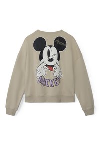 Helebeež värvi lühike sweatshirt, millel on suur Mickey Mouse'i kiri. Allpool graafikat on tekst "MIKEY" lilla värviga. Pehme ja mugav kangas.
