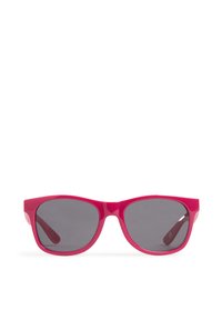 Occhiali da sole in plastica rosa brillante con lenti grigie, forma a occhio di gatto, montatura ampia e discreto dettaglio del logo sulle astine.