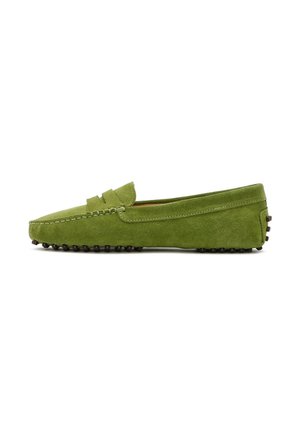 Green suede loafers with a smooth texture, featuring a moccasin-style stitched toe and small round rubber studs along the sole for grip.