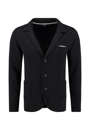 Czarna jednorzędowa marynarka z trzema guzikami, klapami notch, dwiema przednimi kieszeniami naszytymi oraz małą kieszonką na piersi z białą chusteczką.