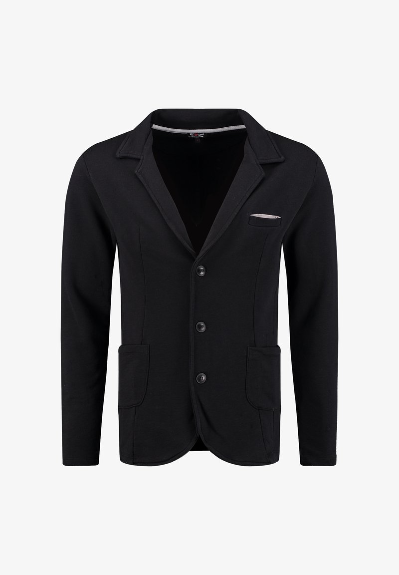 Schwarzer, einreihiger Blazer mit drei Knöpfen, Reverskragen, zwei aufgesetzten Taschen vorne und einer kleinen Brusttasche mit einem weißen Taschentuch.