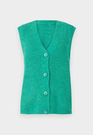 Tyrkysový bezrúškový cardigan s V-výstrihom, ribbovanou textúrou a štyrmi zodpovedajúcimi gombíkmi na prednej strane. Mäkký pletený materiál.