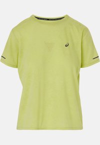 Krótki rękaw, limonkowa koszulka z miękkiego materiału, z trójkątnym perforowanym detalem z przodu oraz czarnymi akcentami na rękawach.