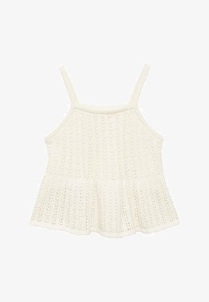 White knitted tank top with thin straps, featuring a textured pattern and flared hemline. Soft, lightweight fabric suitable for warm weather.