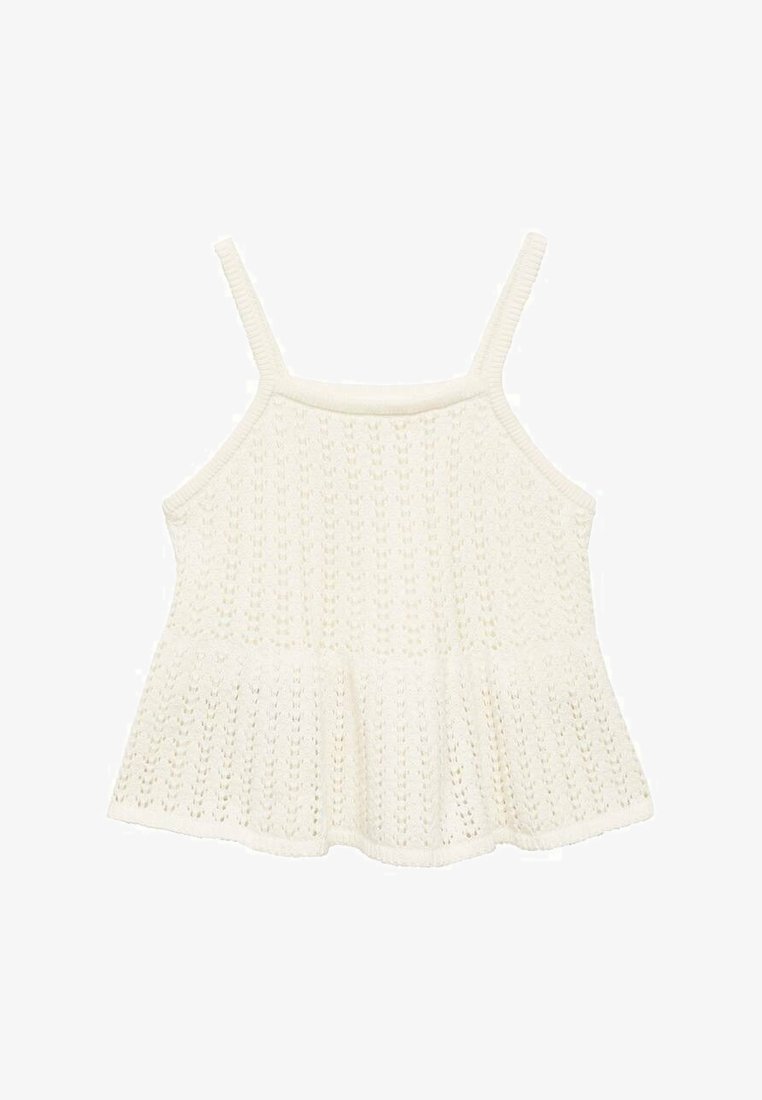 Bela pletena majica brez rokavov z tankimi naramnicami, ki se ponaša z teksturiranim vzorcem in razširjenim robom. Mehka, lahka tkanina primerna za toplo vreme.