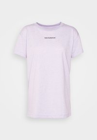 Light purple cotton T-shirt with short sleeves, a round neckline, and "new balance" logo in dark purple centered on the chest.