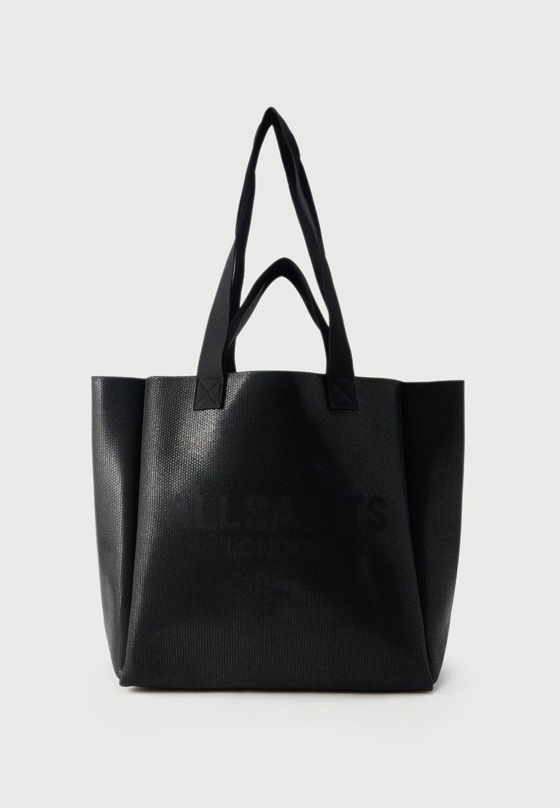 Black textured tote bag with two sets of handles, featuring embossed "ALLSAINTS LONDON" text on the front, shown against a plain background.