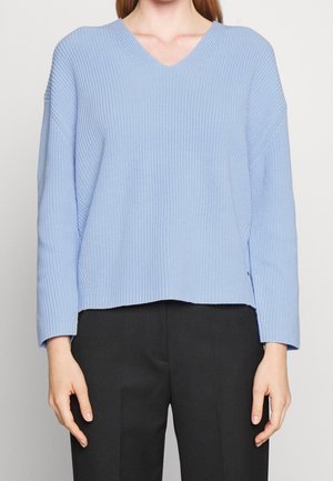 Personne portant un pull à col en V côtelé bleu clair à manches longues et un pantalon noir, debout devant un fond uni.