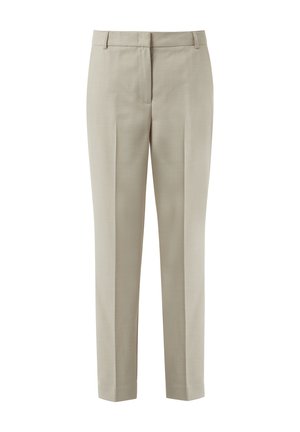 Beige tailored trousers with a straight leg, made from textured fabric. Features front pleats and a classic zip closure.
