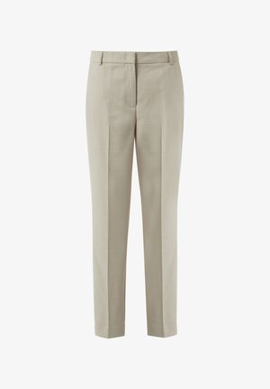 Pantalons beige ajustés à jambe droite, fabriqués en tissu texturé. Ils présentent des plis avant et une fermeture à glissière classique.