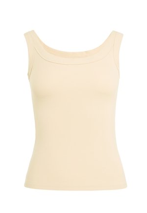 Beige geribde gebreide tanktop met brede schouderbanden en een licht afgeronde halslijn.