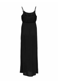 Robe maxi noire avec des bretelles spaghetti ajustables, corsage froncé et silhouette fluide. Fabriquée en tissu léger et doux.
