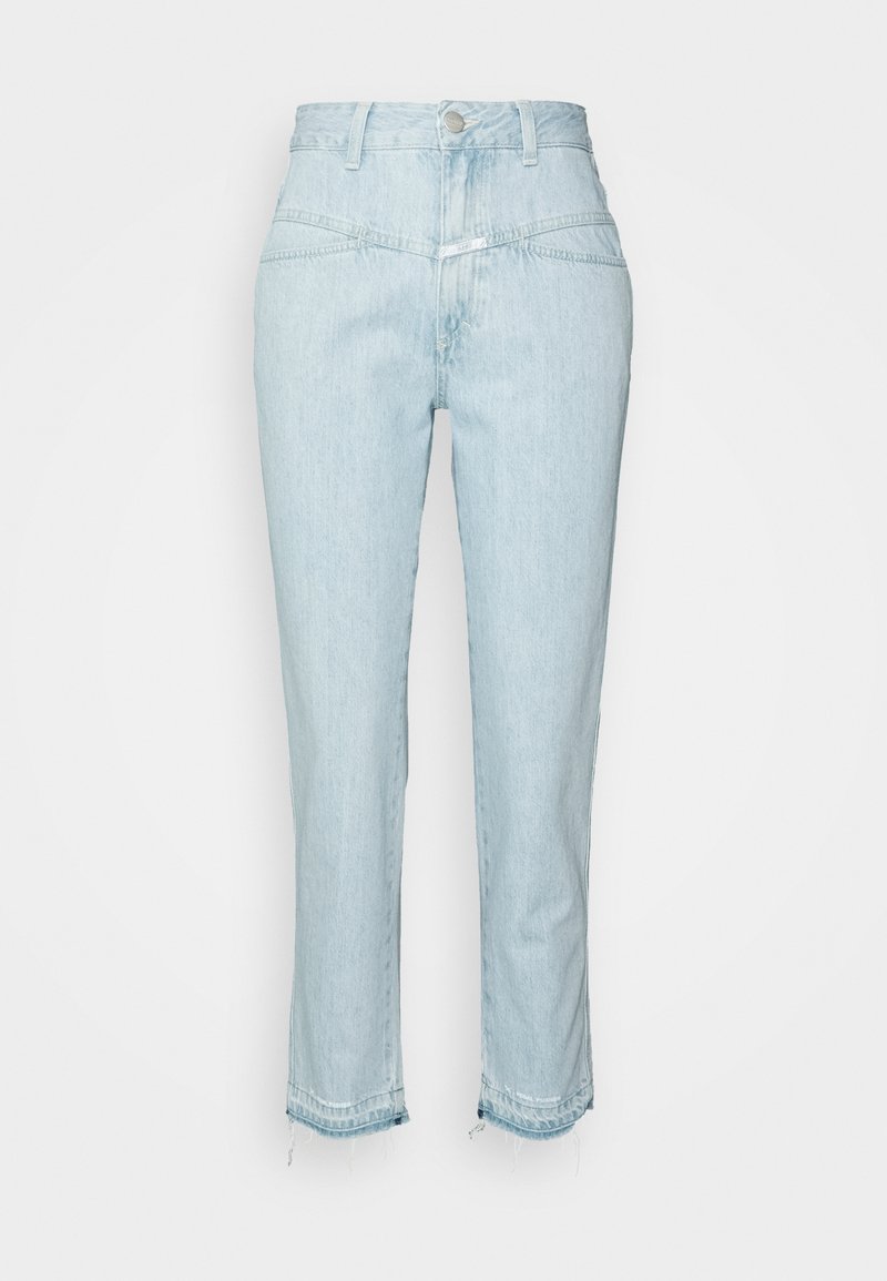 Ljusblå högmidjade jeans tillverkade av denim, med en rak ben-design, lätt frans vid fållen och klassisk femficksstil.