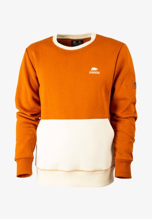 Oranje-witte Forsberg crewneck trui met lange mouwen, logo op de borst en linkerarm patch, maat medium.