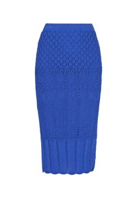 Strickbaumwollblauer Bleistiftrock mit Rautenmuster, geripptem Bund und geripptem Saum, aus dehnbarem Material für hohen Komfort.