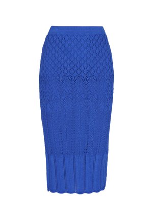 Strickbaumwollblauer Bleistiftrock mit Rautenmuster, geripptem Bund und geripptem Saum, aus dehnbarem Material für hohen Komfort.