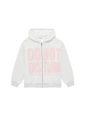 Felpa con cappuccio grigio chiaro con zip, cappuccio e coulisse, con grande scritta rosa "NON DISTURBARE" sul davanti.