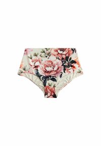 Högmidjade blommiga bikinitrosor med stora rosa pioner på en ljus bakgrund. Tillverkad av stretchigt, mjukt tyg med släta kanter.