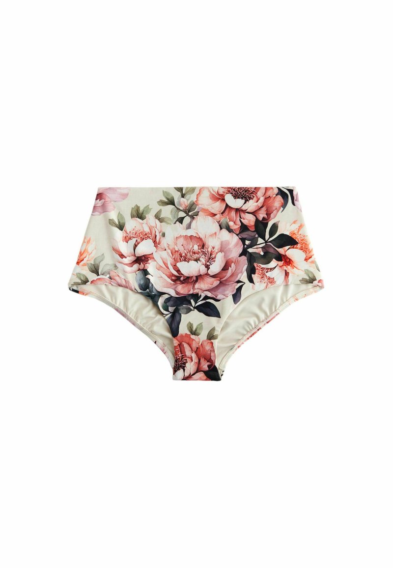 Högmidjade blommiga bikinitrosor med stora rosa pioner på en ljus bakgrund. Tillverkad av stretchigt, mjukt tyg med släta kanter.