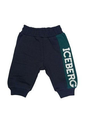 Pantaloni blu navy per bambini piccoli con vita elastica, caviglie risvoltate e pannello laterale verde con scritta bianca "ICEBERG".