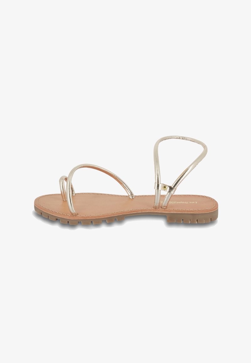 Sandali metallici dorati con sottili cinturini e suola piatta color nocciola. Presentano un design minimalista con cinturino alla caviglia regolabile e suola testurizzata.