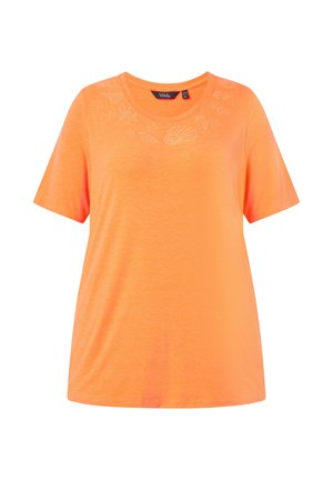 Orange kortærmet T-shirt med rund halsudskæring og subtil skaldyrs- og havlivsbroderi omkring kraven.