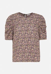 Blouse à motifs floraux avec des manches courtes bouffantes froncées et un col rond, dans des couleurs violettes, jaunes et vertes.