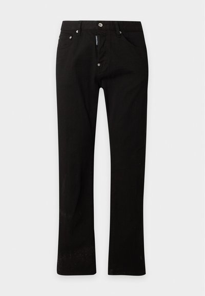 Pantalon noir à jambes droites avec fermeture frontale par bouton et fermeture éclair, passants de ceinture et poches avant, présenté sur un fond clair uni.