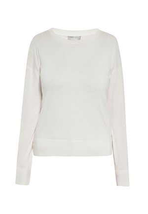 Sort hvid strikket sweater med lange ærmer, rund halsudskæring og ribbede manchetter og kant.