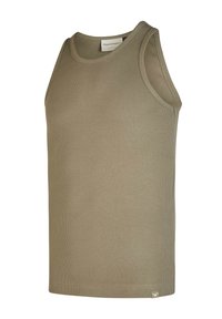 Khakifarbenes geripptes Tanktop, ärmelloses Design, runder Ausschnitt, glattes Baumwollmaterial, mit einem kleinen Logostick an dem Saum.