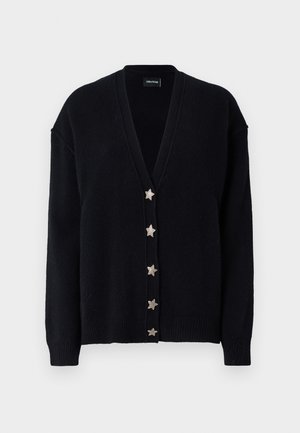 Black cardigan featuring a deep V-neck, long sleeves, and six silver star buttons down the front. Made of soft textured knit material.