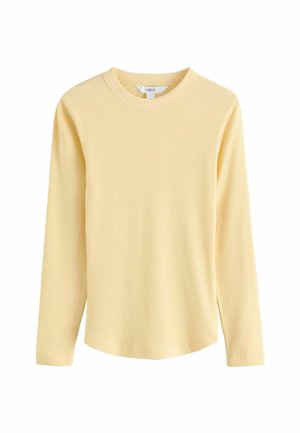 Long-sleeve yellow ribbed top with a crew neck, features a soft texture and a straight cut, designed for casual wear.