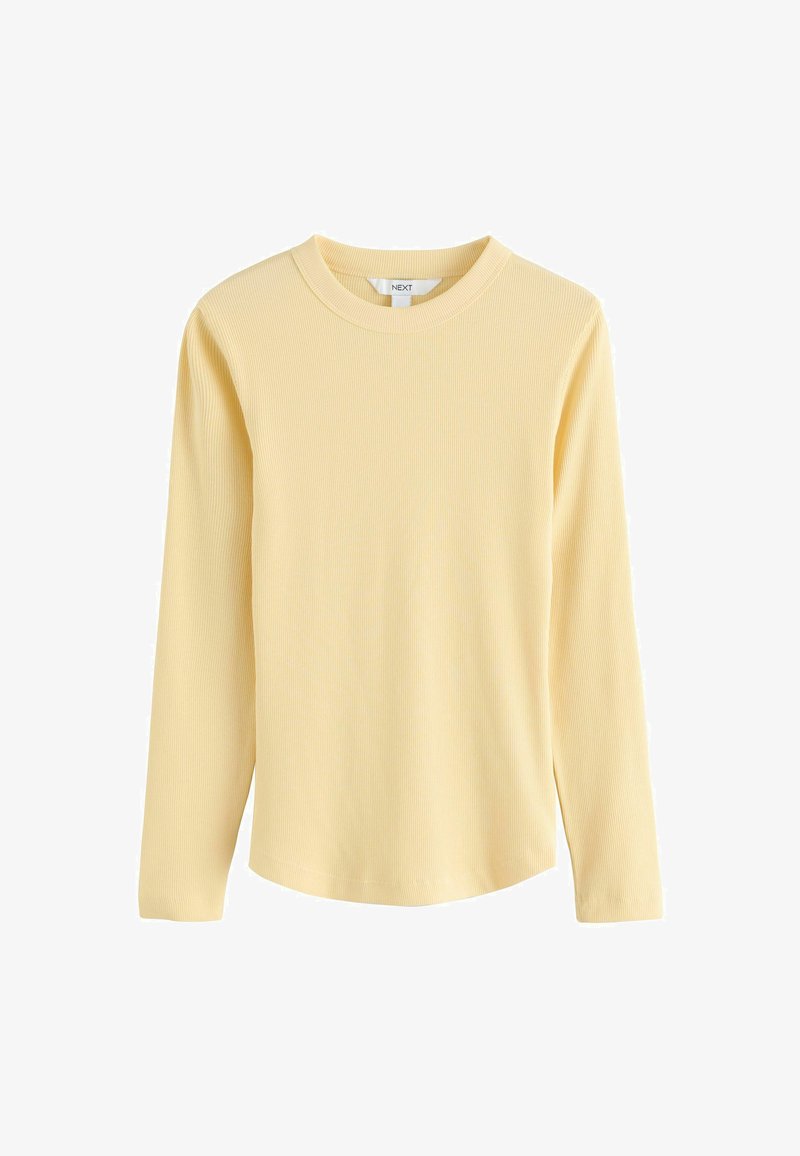Long-sleeve yellow ribbed top with a crew neck, features a soft texture and a straight cut, designed for casual wear.