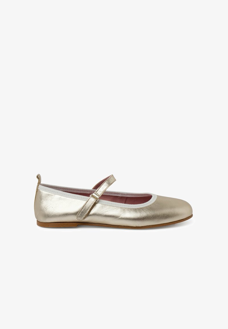 Gold metallic ballet flats with a rounded toe, white accent around the opening, and a decorative strap across the instep. Flat sole.